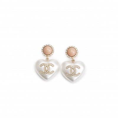 CHANEL GOLD PLATED FAUX PEARL STRASS CC HEART DROP EARRINGS 